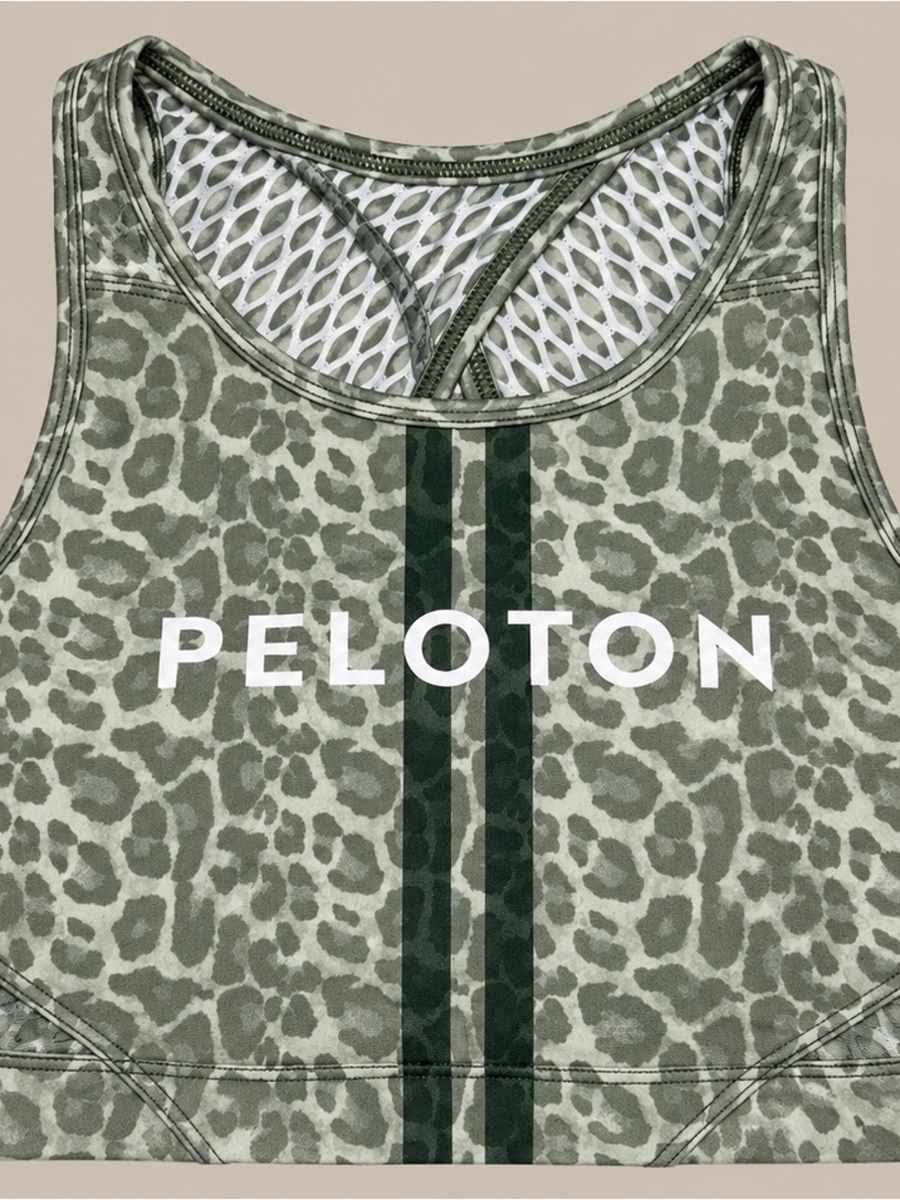 Peloton Green Leopard Print Sports Bra with Dark Green Stripes